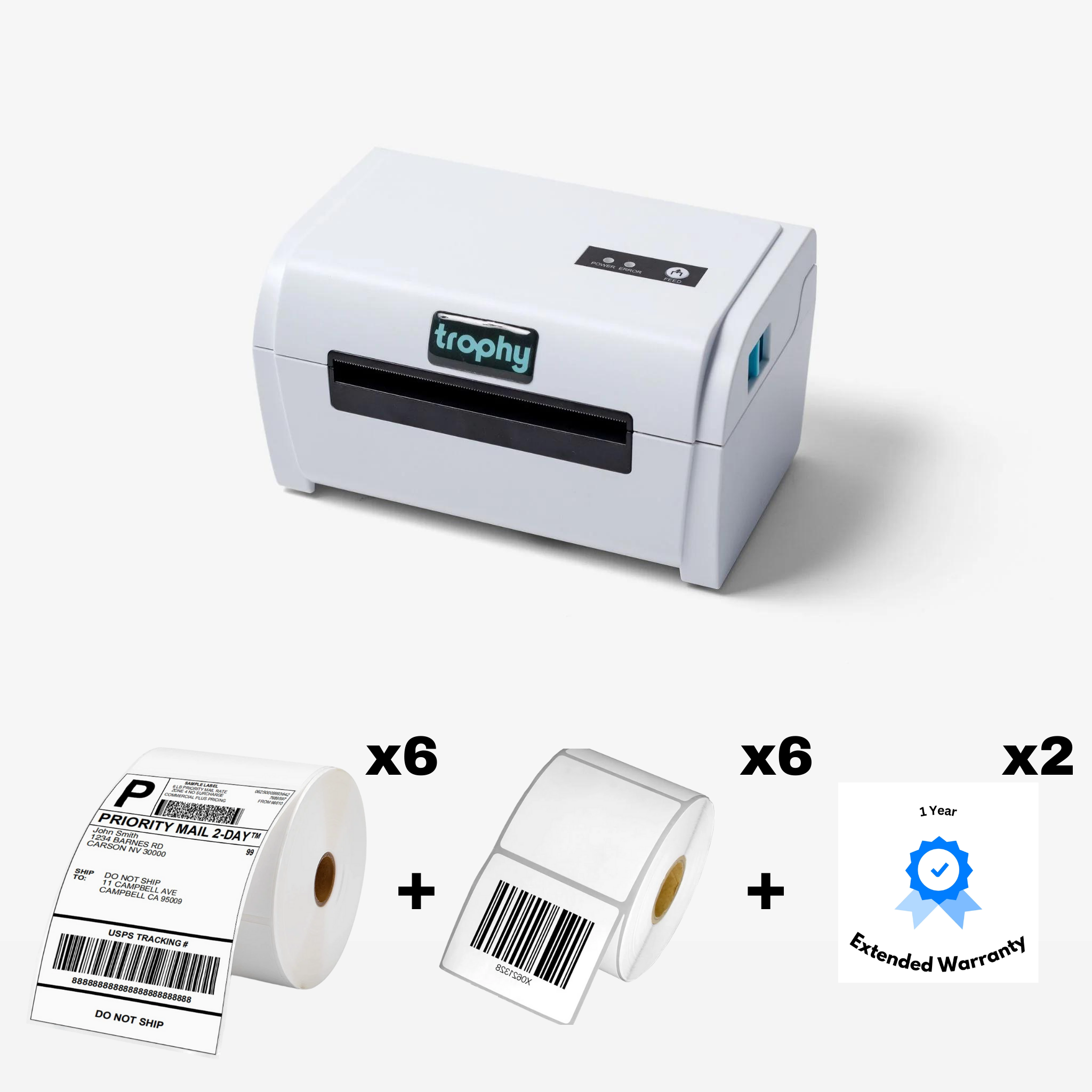 The image shows a white Trophy T1 label printer, six rolls of waybill labels, six rolls of barcode labels, and two extended warranty seals.