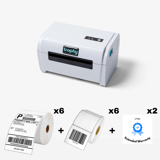The image shows a white Trophy T1 label printer, six rolls of waybill labels, six rolls of barcode labels, and two extended warranty seals.